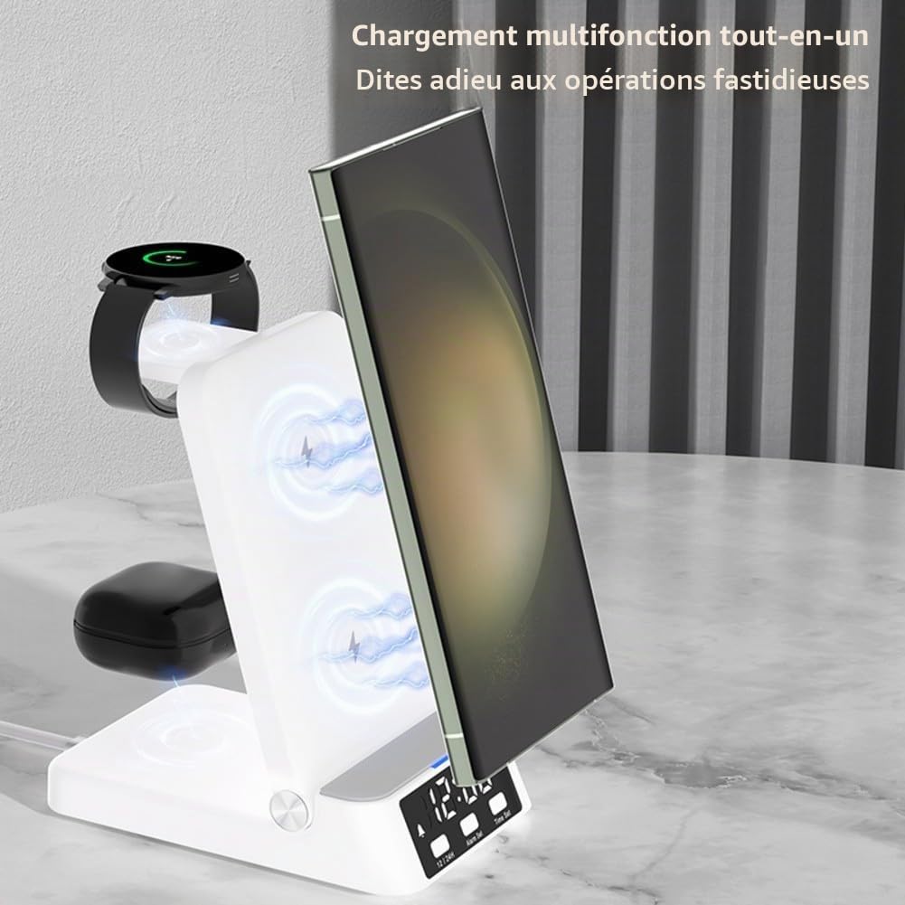 Chargeur sans fil pour Samsung, station de charge sans fil 3 en 1 pour téléphones Samsung, écouteurs et montres avec horloge, pour support de chargeur de téléphone portable Samsung (noir)