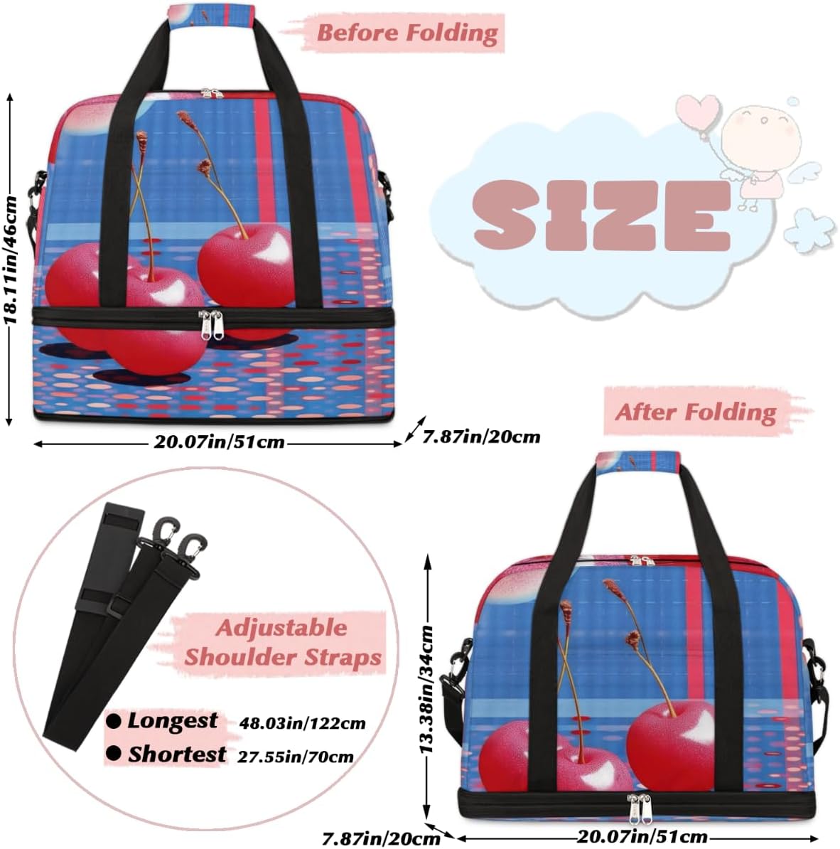 QsirBC Cherry Food Theme Gym Bag for Women Duffle Tote with Shoes Compartment Men Weekender Duffel for Dance Travel Sports Swimming Overnight