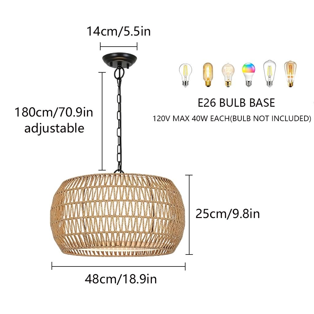 Bohemian Geflochtene Rattan-Trommel-Hängeleuchte Natürliche Weiden Hängelampe Mit Schwarzer Kette Modern Landhausstil Käfig Deckenleuchte Für Esszimmer Kücheninsel Schlafzimmer