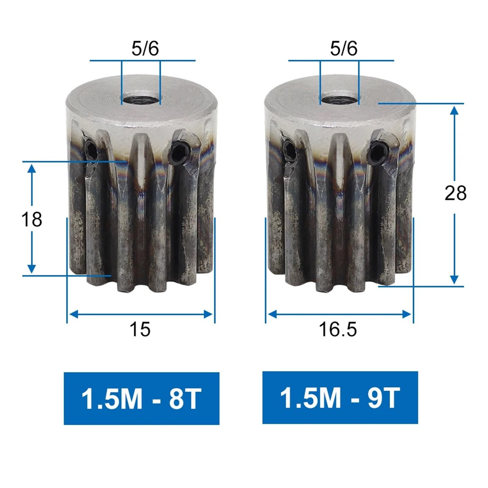 Engrenage droit 1,5 m, 8 dents, 9/10/11 dents, acier au carbone avec trou intérieur en métal de 5/6/8 mm, 1 pièce(8 mm,10 Teeth)