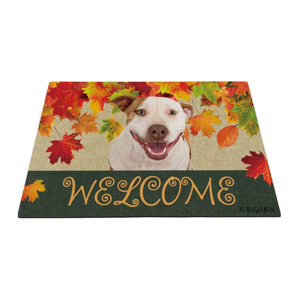 BAGEYOU Welcome Fall with My Favorite Dog PitBull Puppy Outdoor Doormat Maple Leaf Harvest Season Rustic Decor Porch Rugs Floor Mat 35.4" x 23.6"
