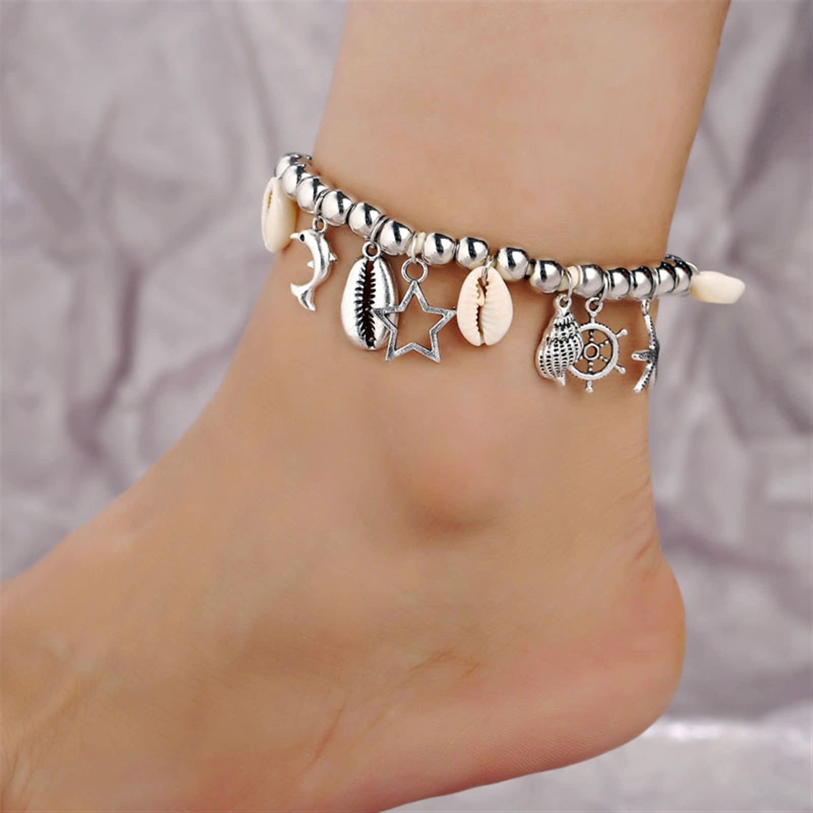 Fußkettchen für Damen, Delfin-Seestern-Design, Fußkettchen mit Muschelanhängern, Strand-Stil, Fußkettchen, Kette, Damenschmuck, Accessoires, Damen-Fußkettchen
