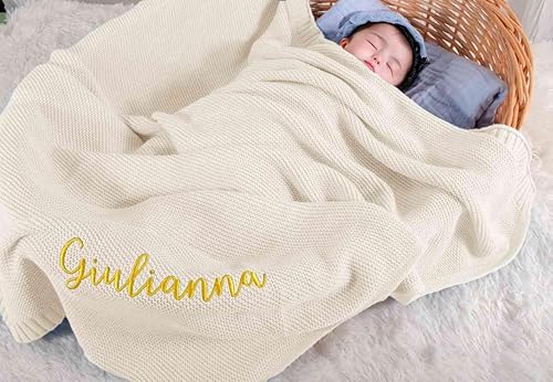 Customized Hand-Embroidered Chunky Knit Blanket, Personalized with Name, Soft Baby