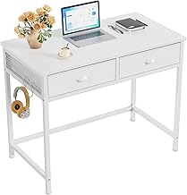 Furologee White Small Computer Desk with 2 Fabric Drawers for Bedroom,34 Inch Simple Home Office Writing Desk, Vanity Desk with Hooks, Study Table for Adults Student Small Spaces