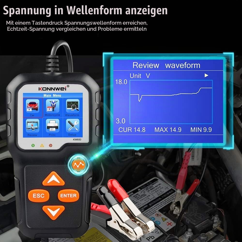 KONNWEI KW650 6V/12V Autobatterietester 100-2000 CCA, Unterstützung 13 Sprachen, 2,4 Zoll Bildschirm, Batterietester Autolade-Startsystem Automobil-Batterieanalysator für Autos, Boot, SUV, Motorrad