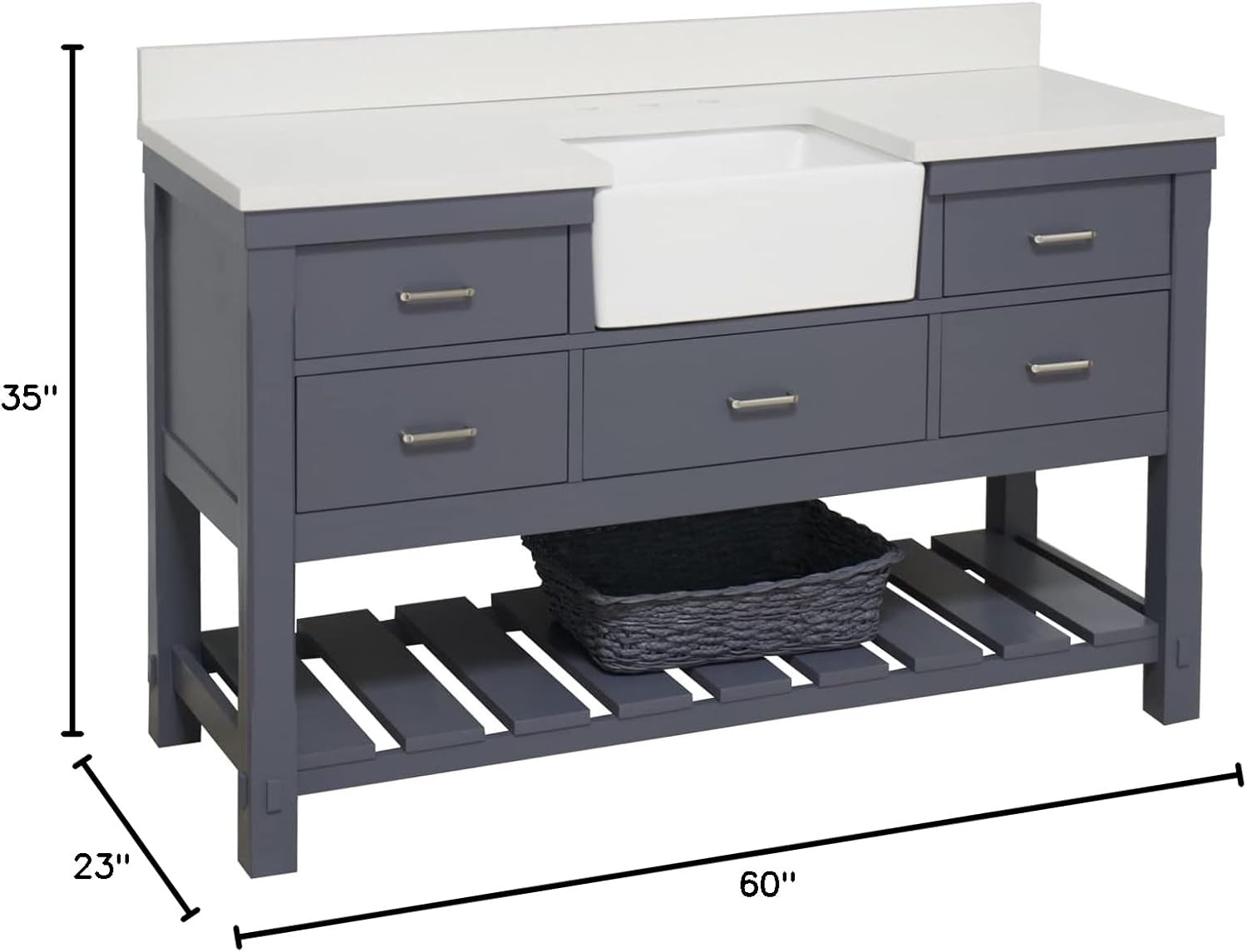 Charlotte 60-inch Single Farmhouse Bathroom Vanity (Quartz/Marine Gray): Includes Marine Gray Cabinet with Stunning Quartz Countertop and White Ceramic Apron Sink