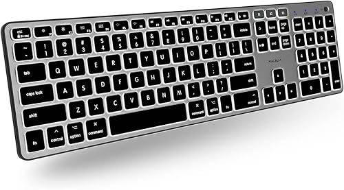 Macally Teclado Bluetooth retroiluminado para Mac e iOS, para dispositivos Apple, teclado inalámbrico recargable de 107 teclas, teclado