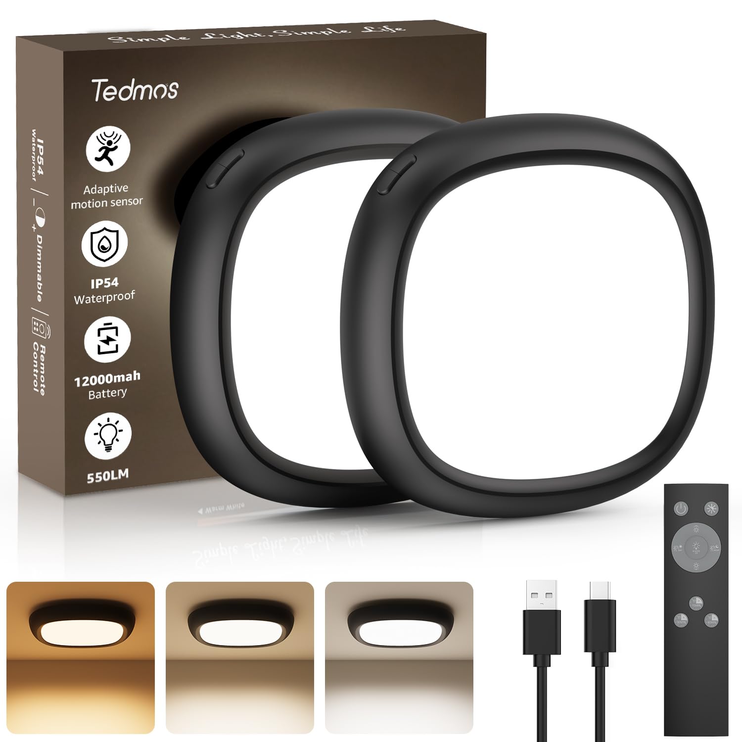 LED Akku Deckenleuchte mit Bewegungsmelder, IP54 Wasserdicht 550LM 12000mAh Batterie Deckenlampe Ohne Strom, Kabellose Badezimmer Lampe mit Fernbedienung Innen Kellerlampe USB Aufladbar für Dusche Bad