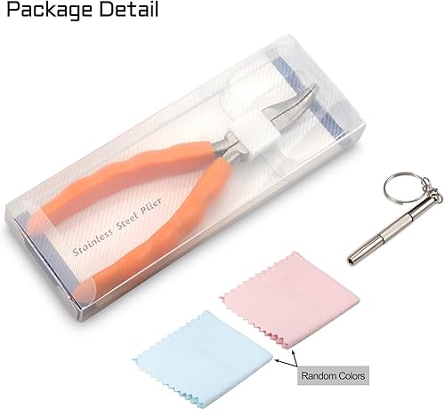 Miniatura 5 de Alicates de punta doblada de 6 pulgadas, kit de herramientas de reparación y ajuste de lentes de acero inoxidable con destornillador y paño