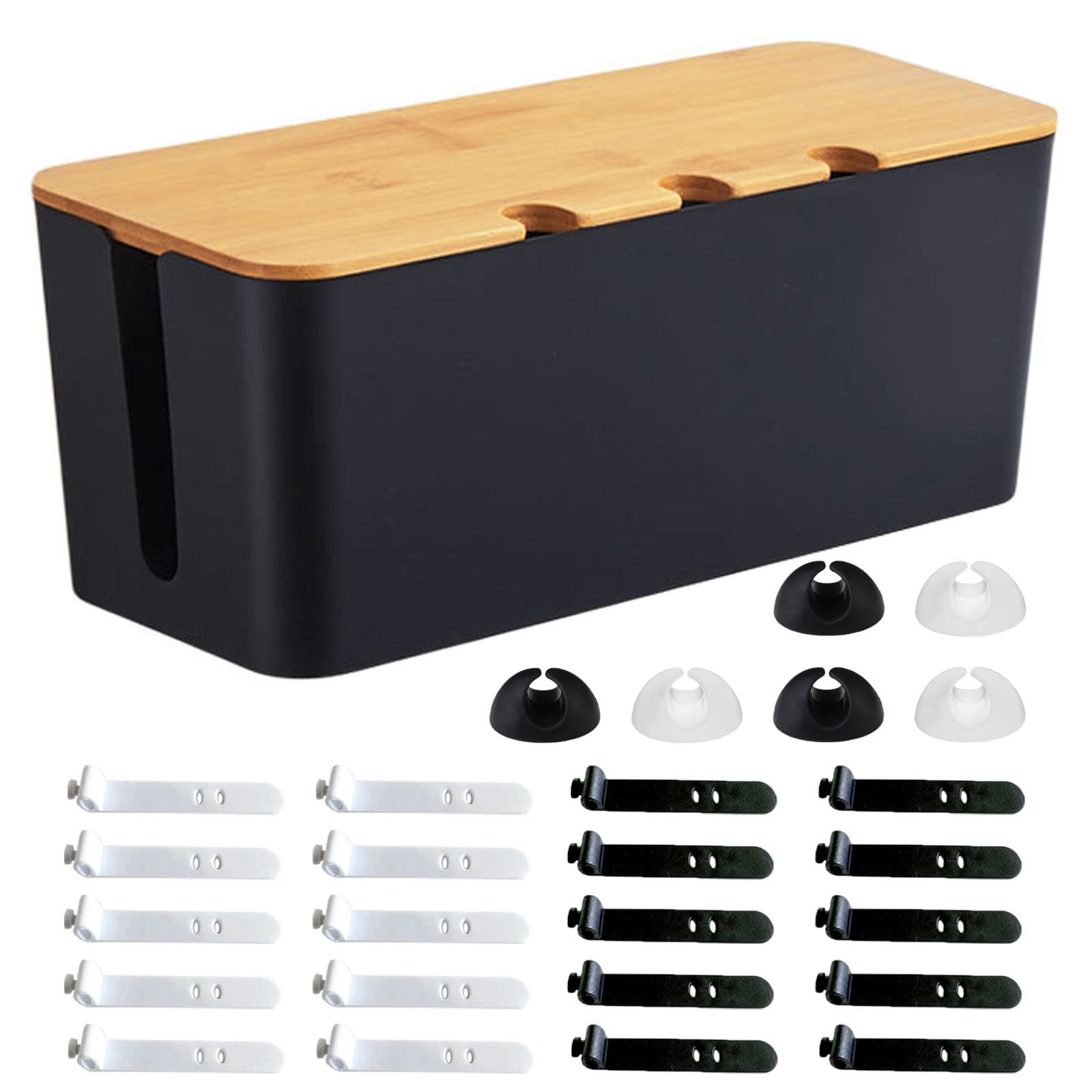 Scatola Portacavi, 32 x 13,6 x 12,7cm Scatola di Gestione dei Cavi con Coperchio in Legno, Scatola Nascondi Cavi con Fascette e Supporti per Cavi, per Prese Multiple Elettriche, Nero