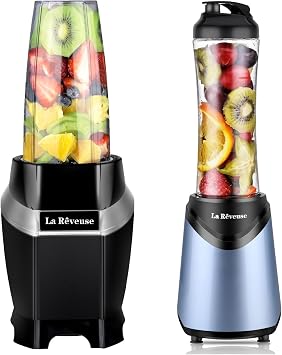 La Reveuse 1000W Smoothie Blender Black + La Reveuse 300W Personal Blender Light Blue