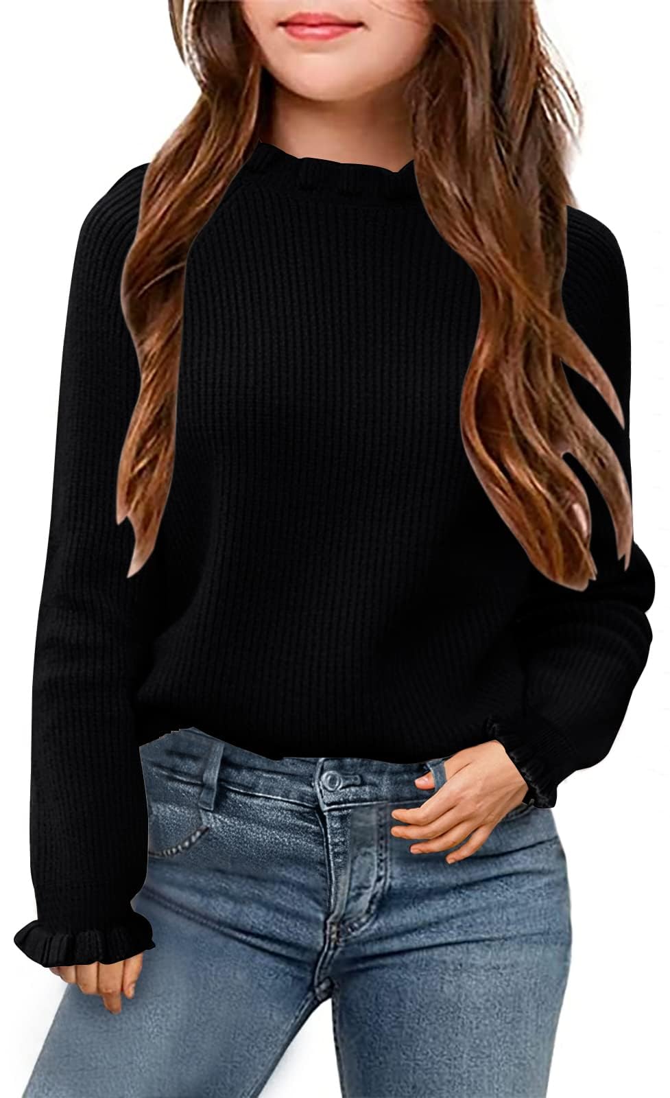 Haloumoning Maglione da ragazza, a maniche lunghe, con scollo rotondo, a volant, per bambini, invernale, lavorato a maglia