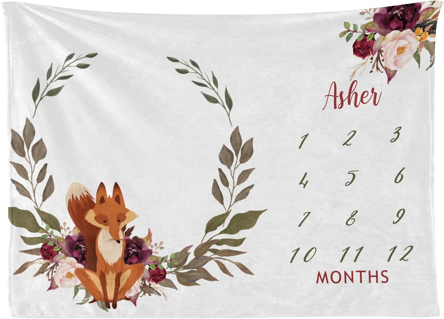 Floral Fox Monthly Milestone Blanket Personalized Receiving Baby Blankets for Girls Boys Kids with Name,Customized Swaddle Blankets Gift for Newborn Crib Infants 30x40 Inches