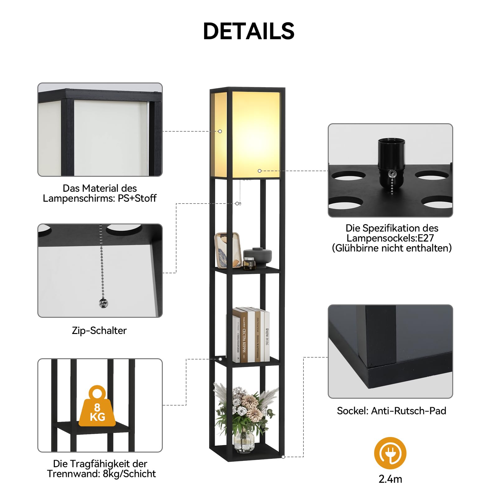 Fullwatt Stehlampe mit Holzregal Innenbeleuchtung Holz Stehleuchte mit Regalen für Schlafzimmer und Wohnzimmer (schwarz)