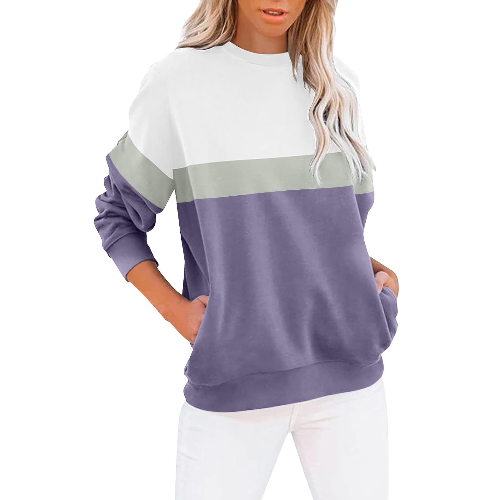 Women's Crew Neck Solid Color Sweatshirt Long Sleeves Casual Pullover Cute Lightweight Loose Tops Women Sweatshirt Oversized Zip Up Hoodie Gifts for Teachers Sale Clearance Items Under 5 Pounds