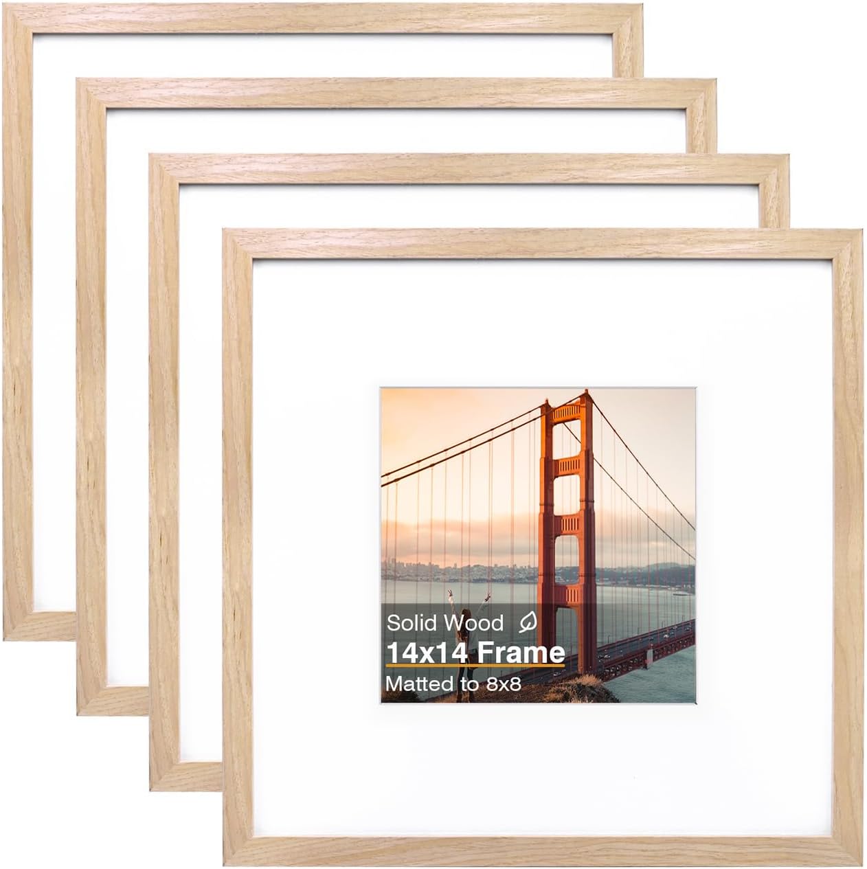 KINLINK 16x16 Picture Frame, Brown Square Solid Wood Frames for Pictures 12x12 with Mat or 16x16 without Mat, Wall Display Photo Frames Brown Wood 4 Pack