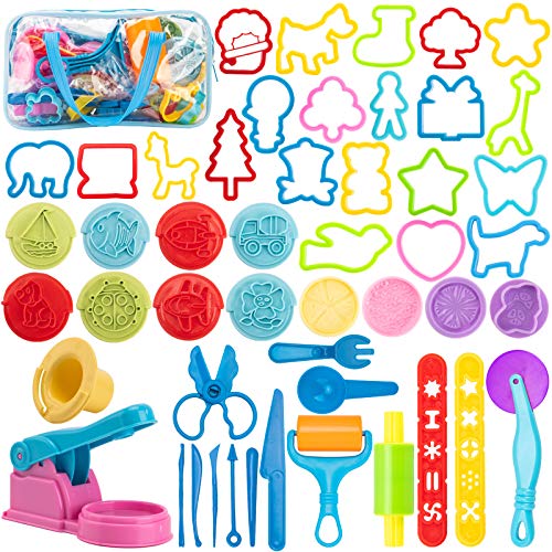 Maykid Dough Tools for Kids, 50Pcs Dough Tools Kit Include Assorted Colors Dough Accessory Molds Rollers Cutters Scissors and Storage Bag