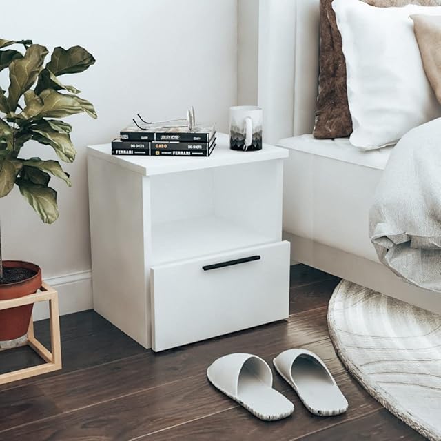 Home Glow Bedside Tables, Bedside Drawers, Bedside Cabinet, 1 Drawer, White. Size: H42 x W38 x D30 cm.