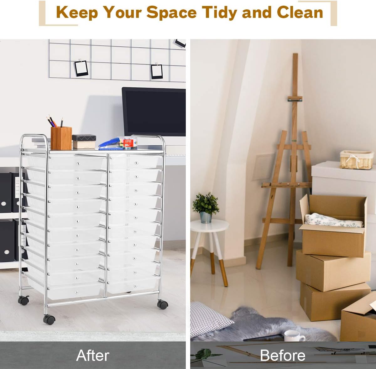 Clear 20-Drawer Rolling Organizer Cart with Chrome Frame
