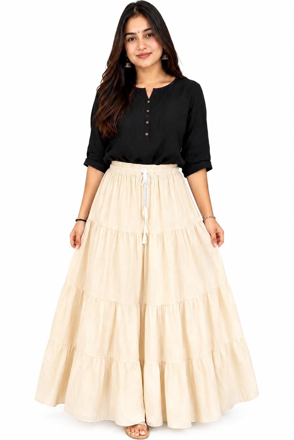 Women's Summer Ruffle Hem PolyBlend Maxi Skirt | High Waist Long Skirt's |Gathered Multi-Tier Design | Full-Length Casual & Ethnic Maxi Skirt-picture-36