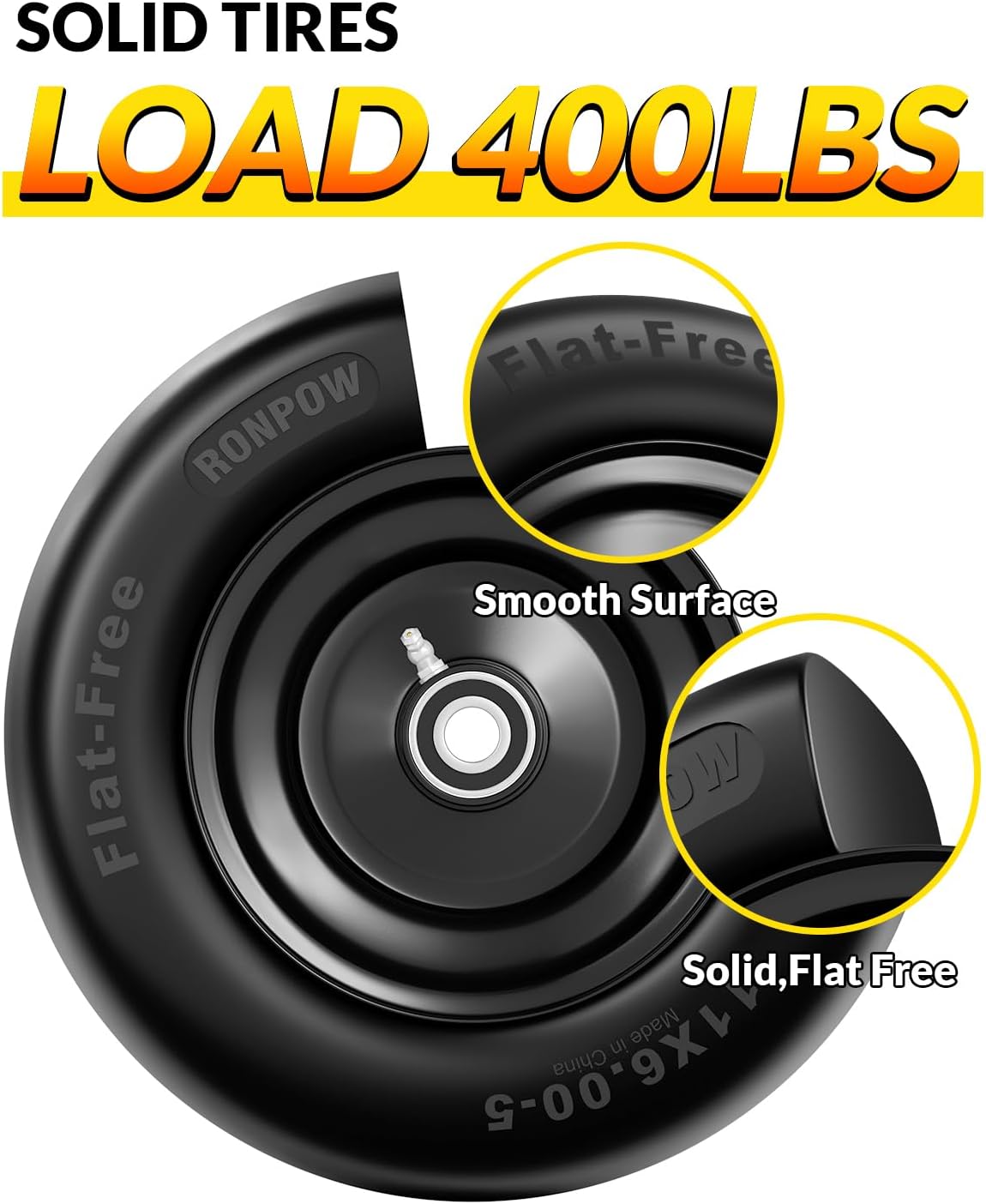 11x6.00-5 Flat Free Lawn Mower Tire and Wheel, 11x6x5 Solid Front Tires for Zero Turn Mower, 400Lbs Load, 3/4", 5/8" and 1/2" Bearings, 5.31"-7.71" Hub for Residential Commercial, 2Pack Black