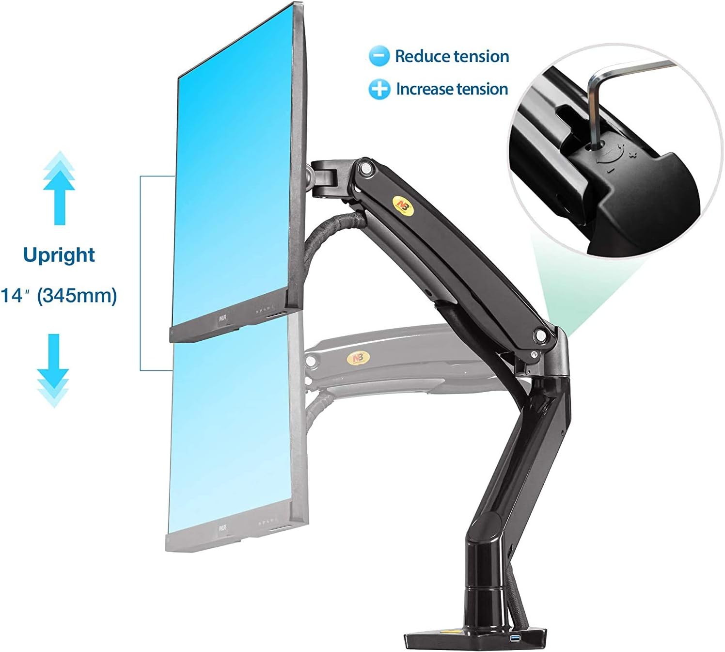 North Bayou Desk Mount Full Motion Swivel Computer Monitor Arm with 13 Inches Adjustable Height for Screens Up to 30 Inches, Black