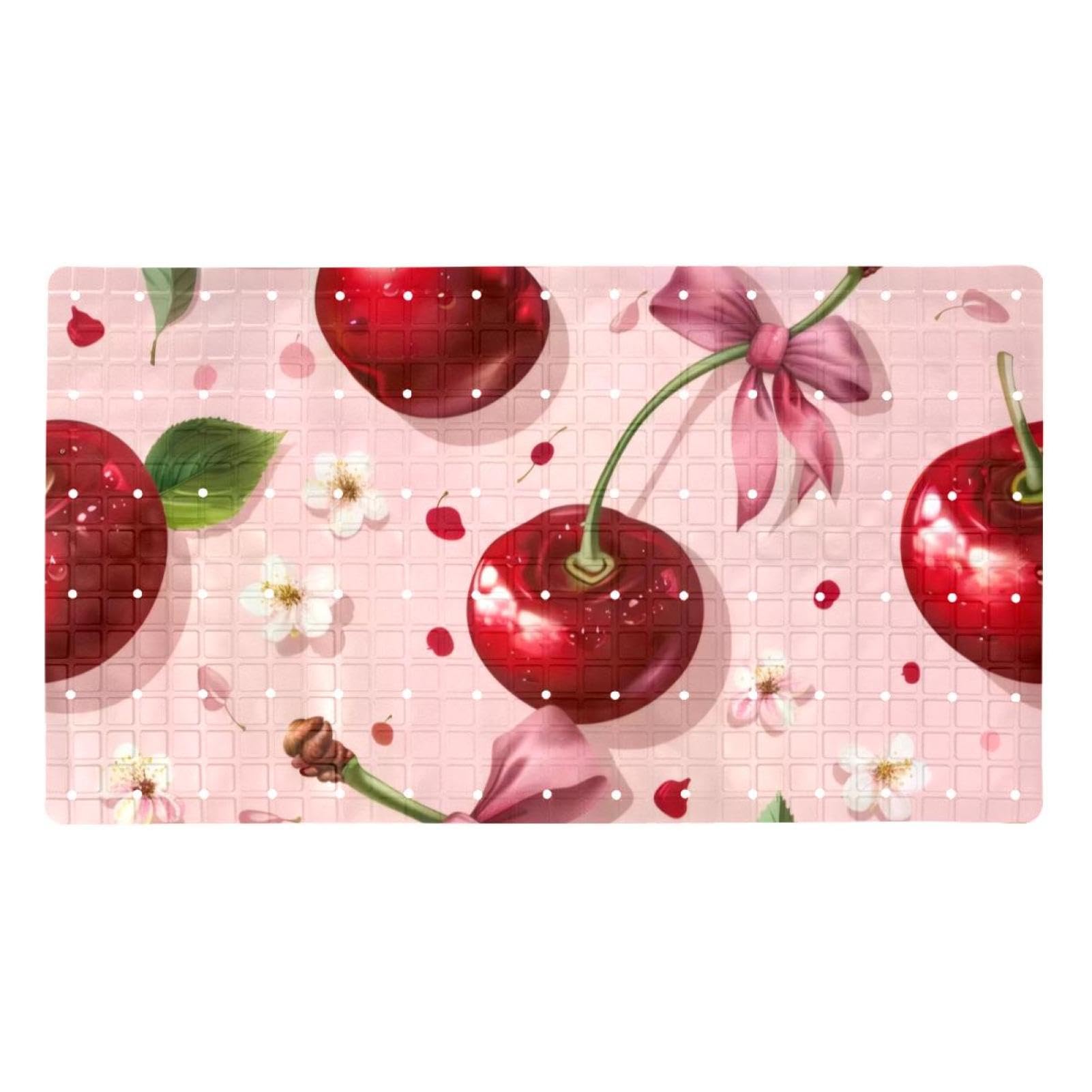 Rutschfeste Badematten für Badezimmer, Motiv: Kirsche mit Schleife und Blume, nahtlos, rechteckig, maschinenwaschbar, 40 x 70 cm
