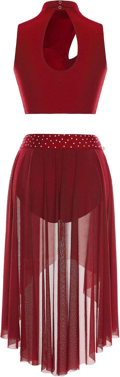 Women Lyrical Dance Dress Shiny Rhinestones Crop Top with Skirted Leotard 2-Piece Outfits