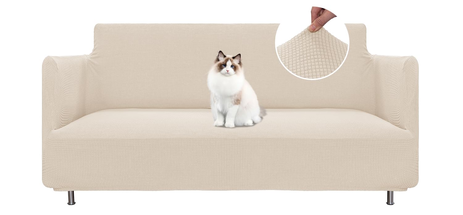 BellaHills Copri Divano 2 Posti con Braccioli(140-172cm), Copridivano Antigraffio Gatto, Copridivani Elasticizzato, Fodera Divano Antimacchia Lavabile Antiscivolo, Naturale