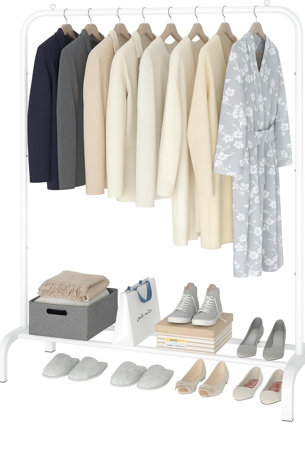 raxter Metal Clothes Rail with Shoe Rack, White, 110 cm Wide x 150 cm High x 40 cm Deep, Freestanding Garment Storage