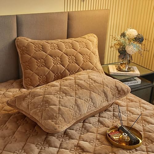 Daenlujec Mattress Sheet Cover Queen Size,Solid Color Plush Thicken Quilted Mattress Cover, Warm Soft Crystal Velvet Bed Fitted Sheet Pillowcase Khaki 180 * 200Cm 3Pcs #TOP3