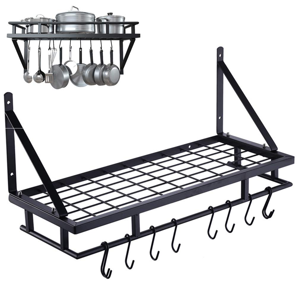 KHXJYC Kitchen Wall Shelf, Wire Mesh Basket And Hook Station Wall-Mounted Storage Decoration, Multifunctional Iron Kitchenware Storage Rack,Black