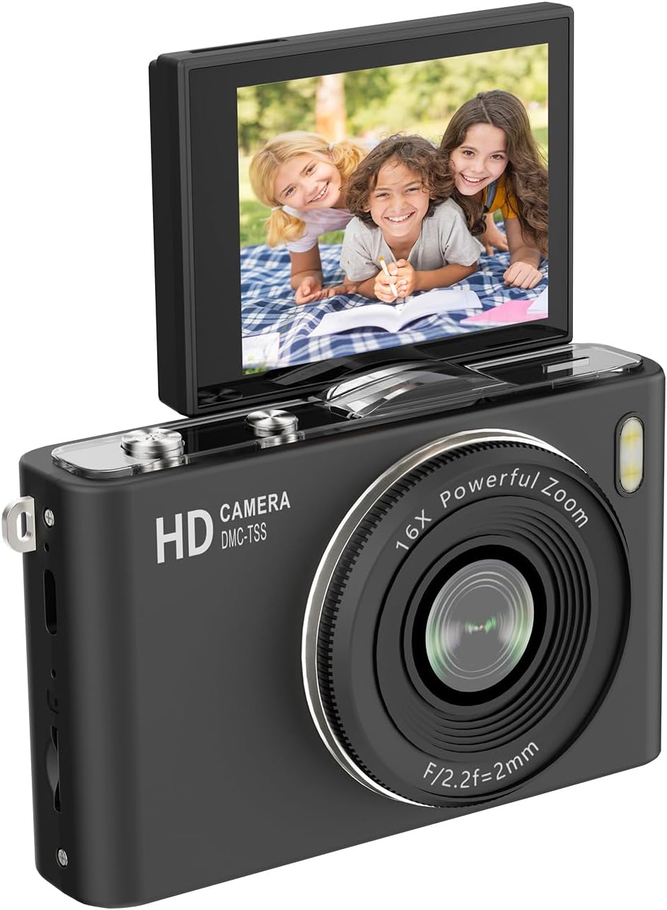 Yunseity Kids Digital Camera, 64MP 4K UHD Video 180 Flip Screen 16X Zoom AF Selfie Camera with 2.4 Inch Screen MP3 Player for Travel Students Teenagers (Black)