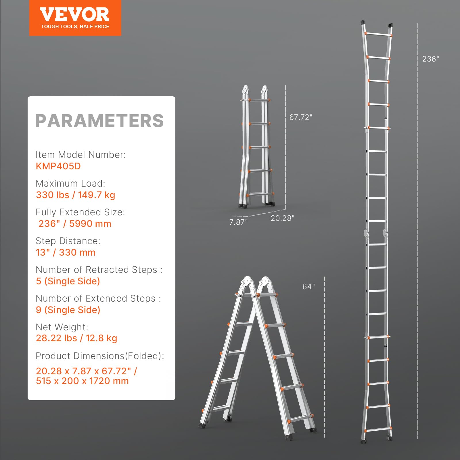 VEVOR Scala Telescopica con Telaio ad A 5990 mm Scala Estensibile Compatta in Alluminio, Scala Pieghevole Portatile Multifunzione per Camper, Scala Telescopica per Compiti, Capacità di Carico 149,7 kg