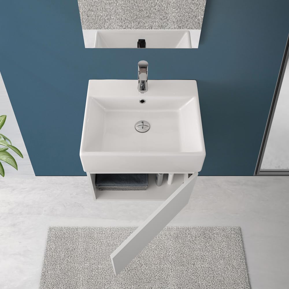 Mobiletto Bagno Sospeso Salvaspazio Da 50 Cm In Legno Nobilitato Bianco Linea Kira Con 1 Anta Dalla Chiusura Soft-Close, Completo Di Specchio 50x60 Cm E Lavabo