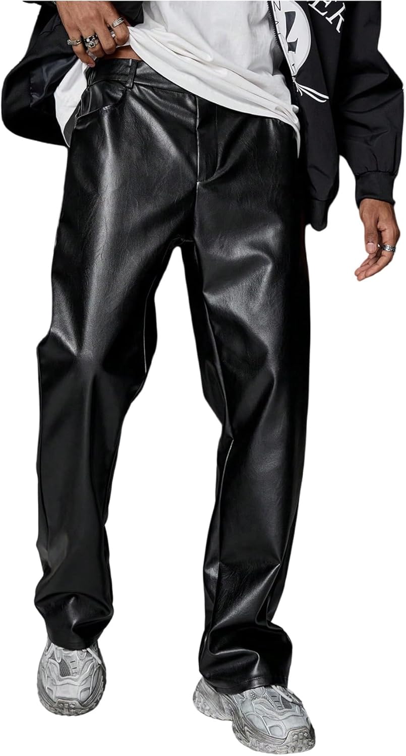 Men's Faux Leather Pants PU Straight Leg Baggy Pants Disco Party Rave Trousers