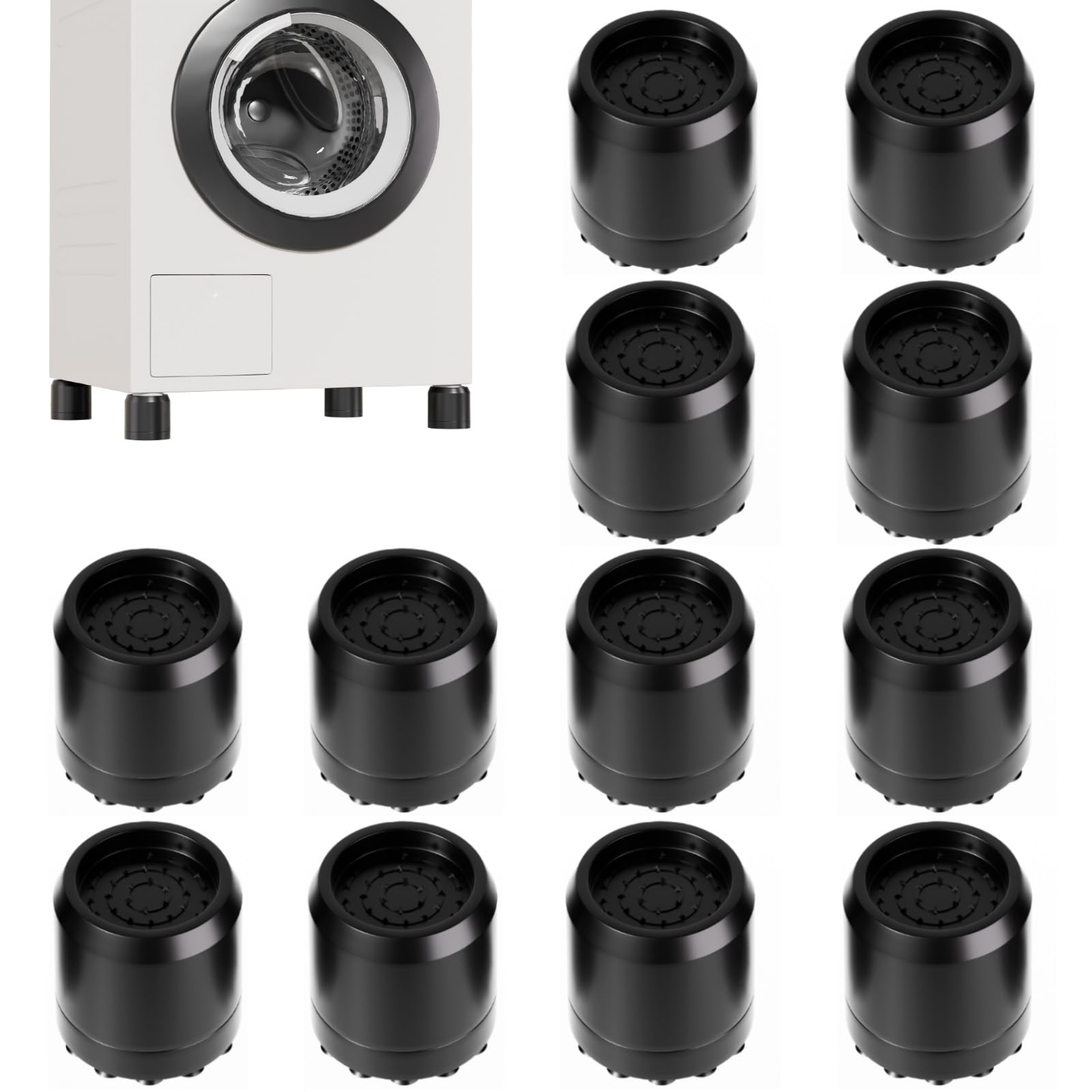 Anti Vibration Pads for Washing Machine with Strong Suction Cup, 12 PCS Non Slip and Noise Cancelling Stabilizer Support Feet Mat, Bed Furniture Risers Increase Height 2.5", Stop Walking (Black)