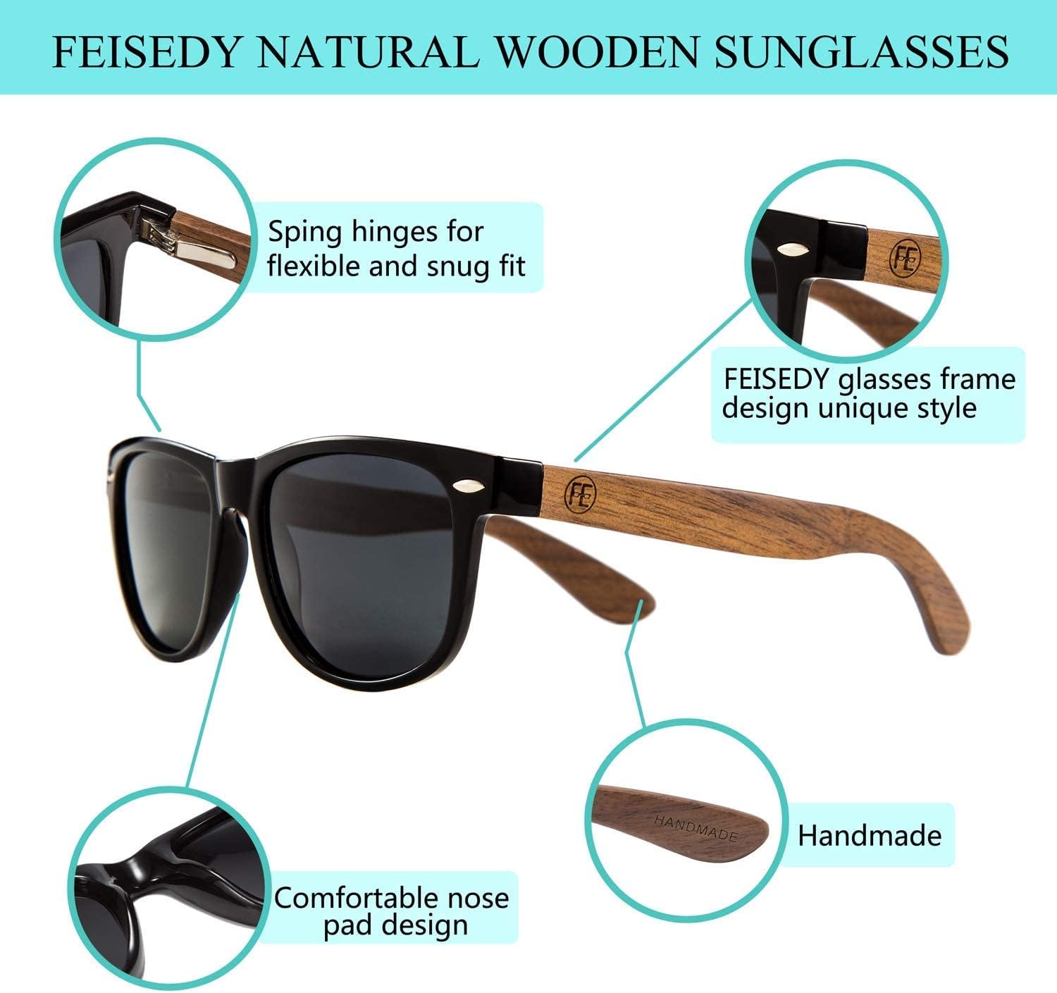 FEISEDY Polarized Wood Sunglasses Women Men HD UV400 Driving Fishing Golf Sunglasses B2448
