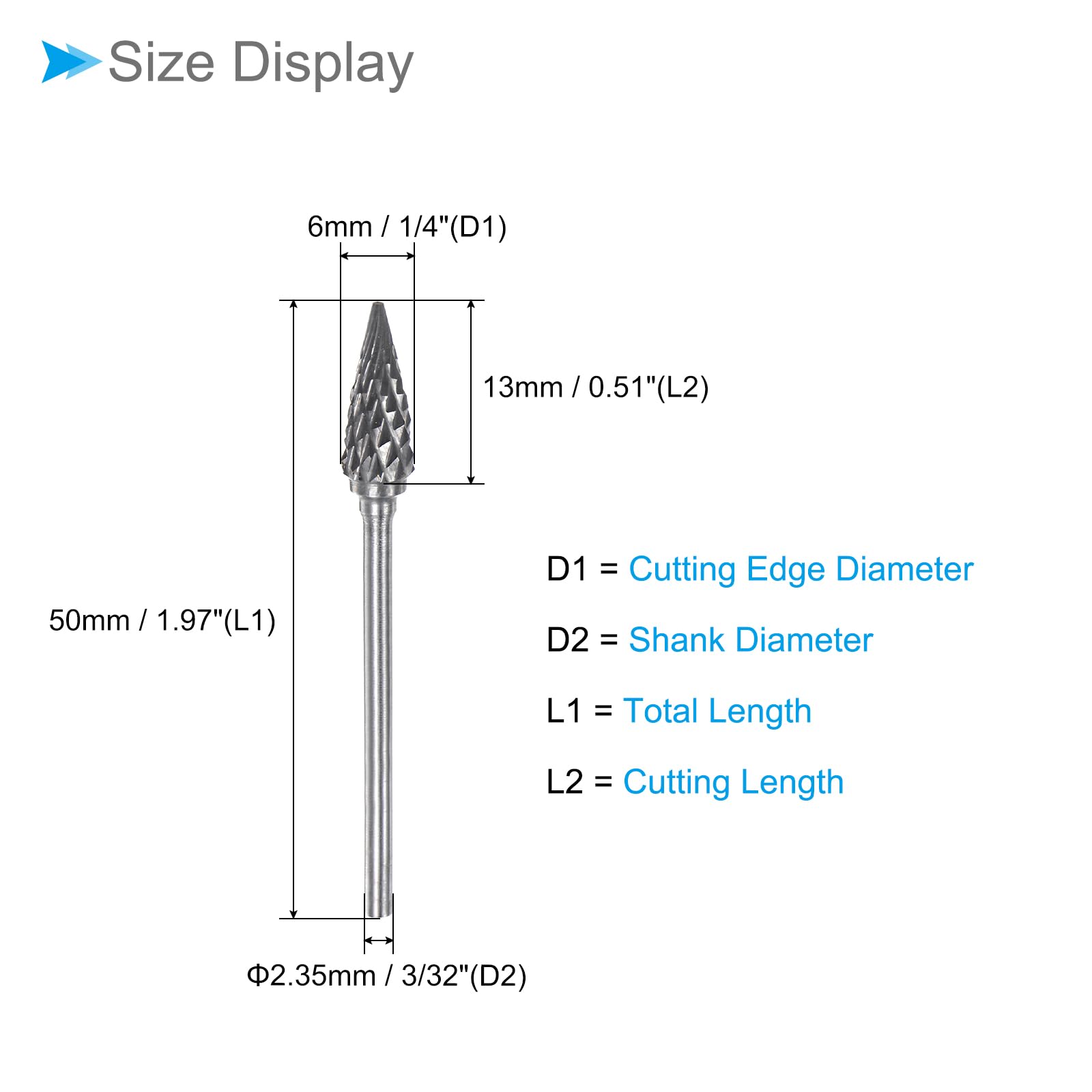 CoCud Tungsten Carbide Rotary Burrs File, 3/32" Shank 6mm Dia, Double Cut M-Shape Rotary Burrs Tool - Image 2