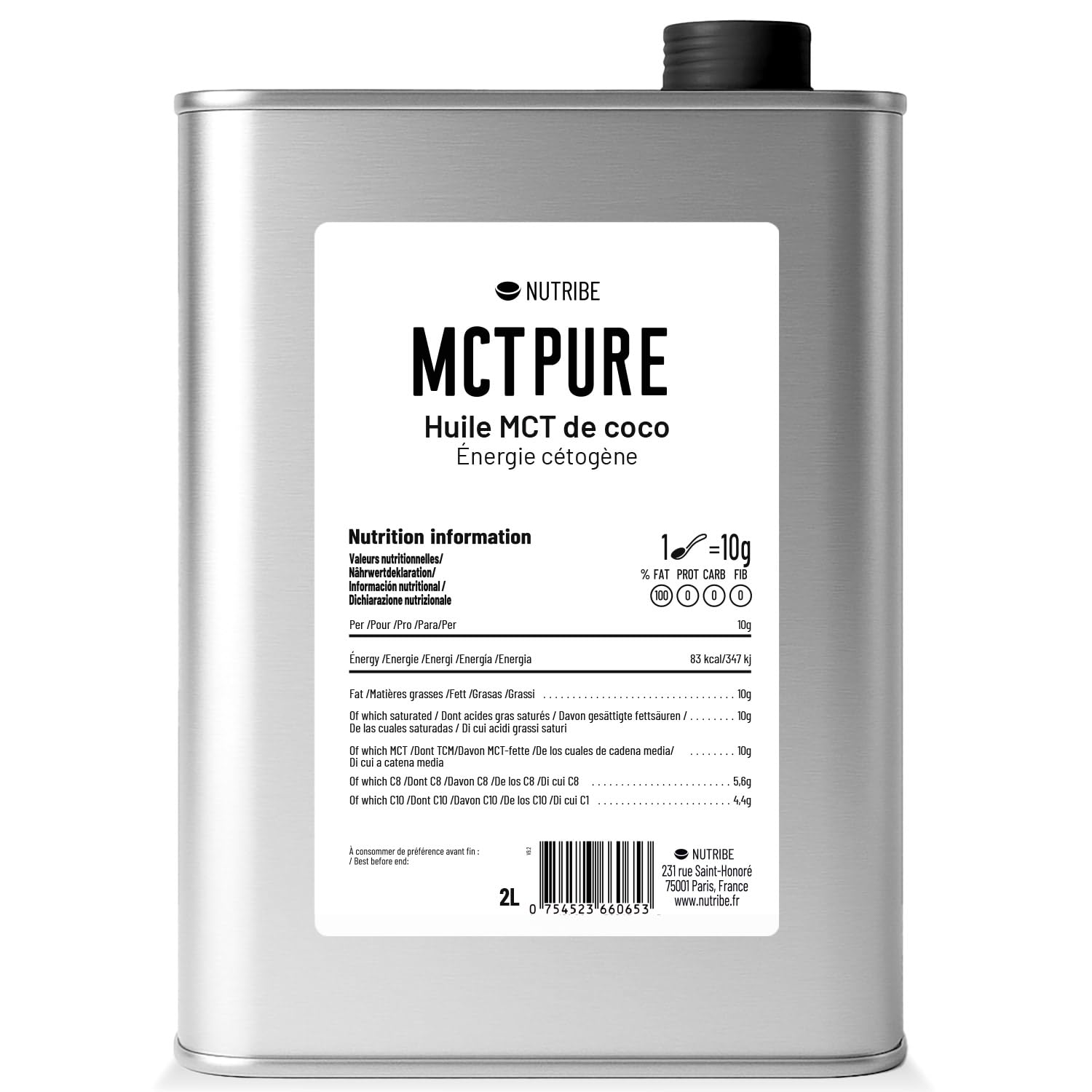 Nutribe Huile MCT Pure C8 C10 - Extraite par distillation | Éco 2 L | Soutient la cétose. Laboratoire français