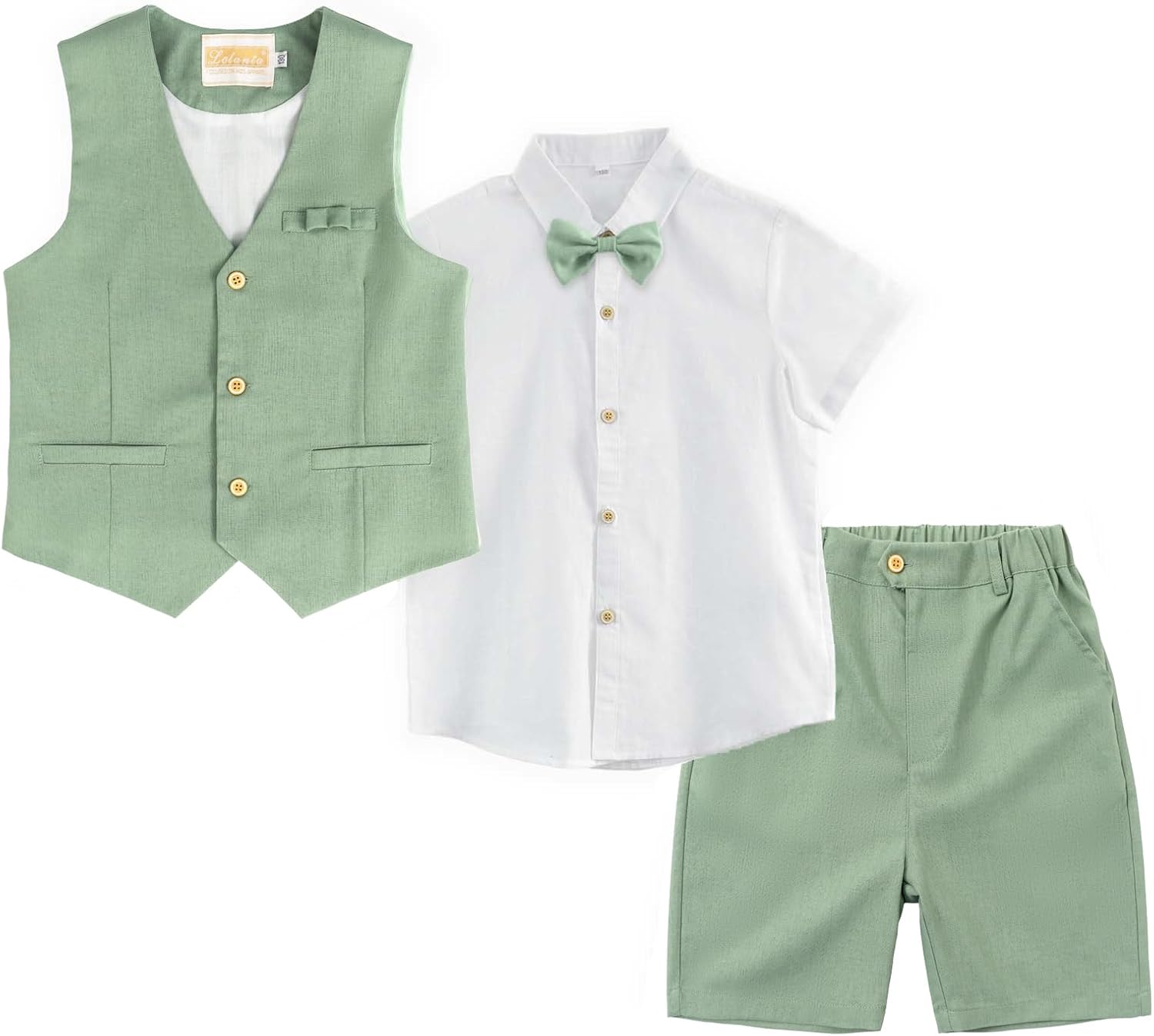LOLANTA Boys Linen Suit 4 Piece Summer Gentleman Outfit Kids Dress Vest Shirt Shorts Set for Beach Wedding Graduation