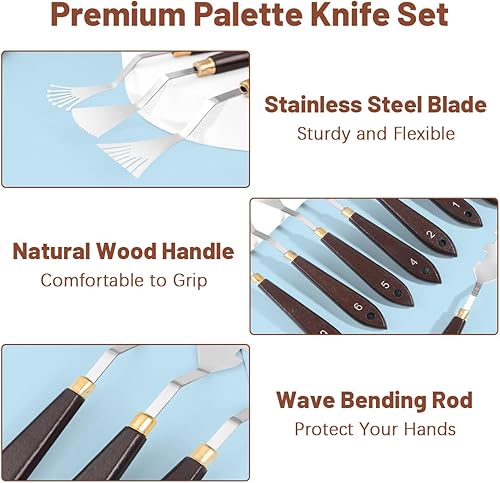 Miniatura 3 de Juego de 14 cuchillos de paleta, cuchillo de pintura de acero inoxidable, espátula de pintura con mango de madera, accesorios de pintura al óleo