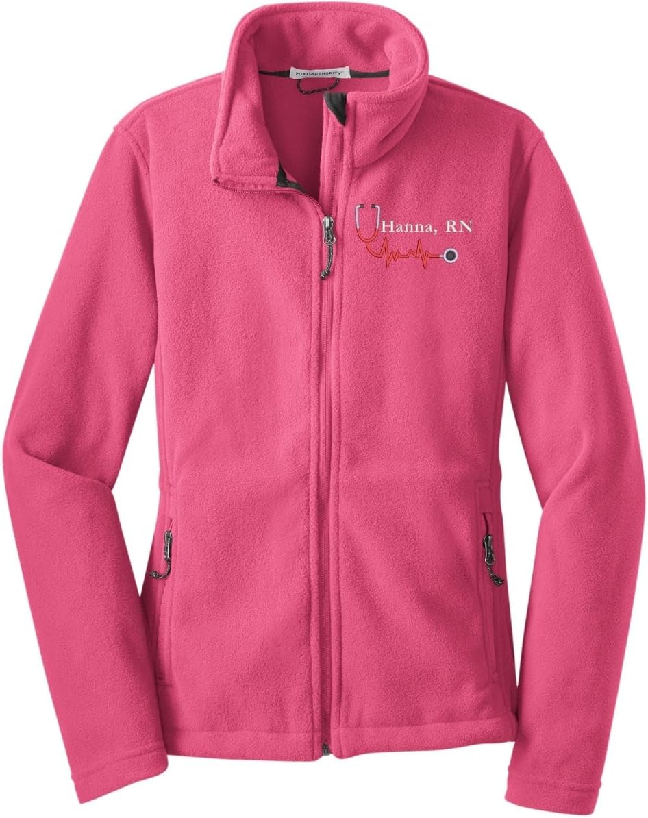 Custom Embroidery Full-Zip Fleece Jackets for women, Low-Pill Midweight with Drawcord Hem for Healthcare workers.