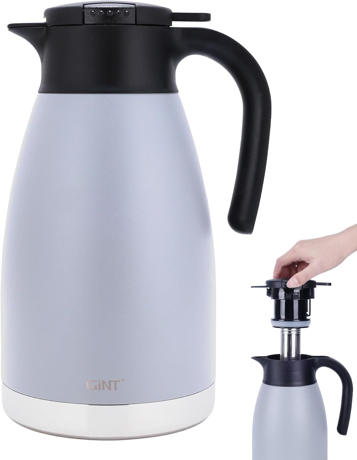 GiNT 74oz Large Thermal Coffee Carafe with Infuser–Insulated Tea Carafe, Removable Filter, Dishwasher-Safe|2.2L 10+ Cups,Wide Mouth,Dual Seal|Stainless Steel Beverage Server for Office&Events