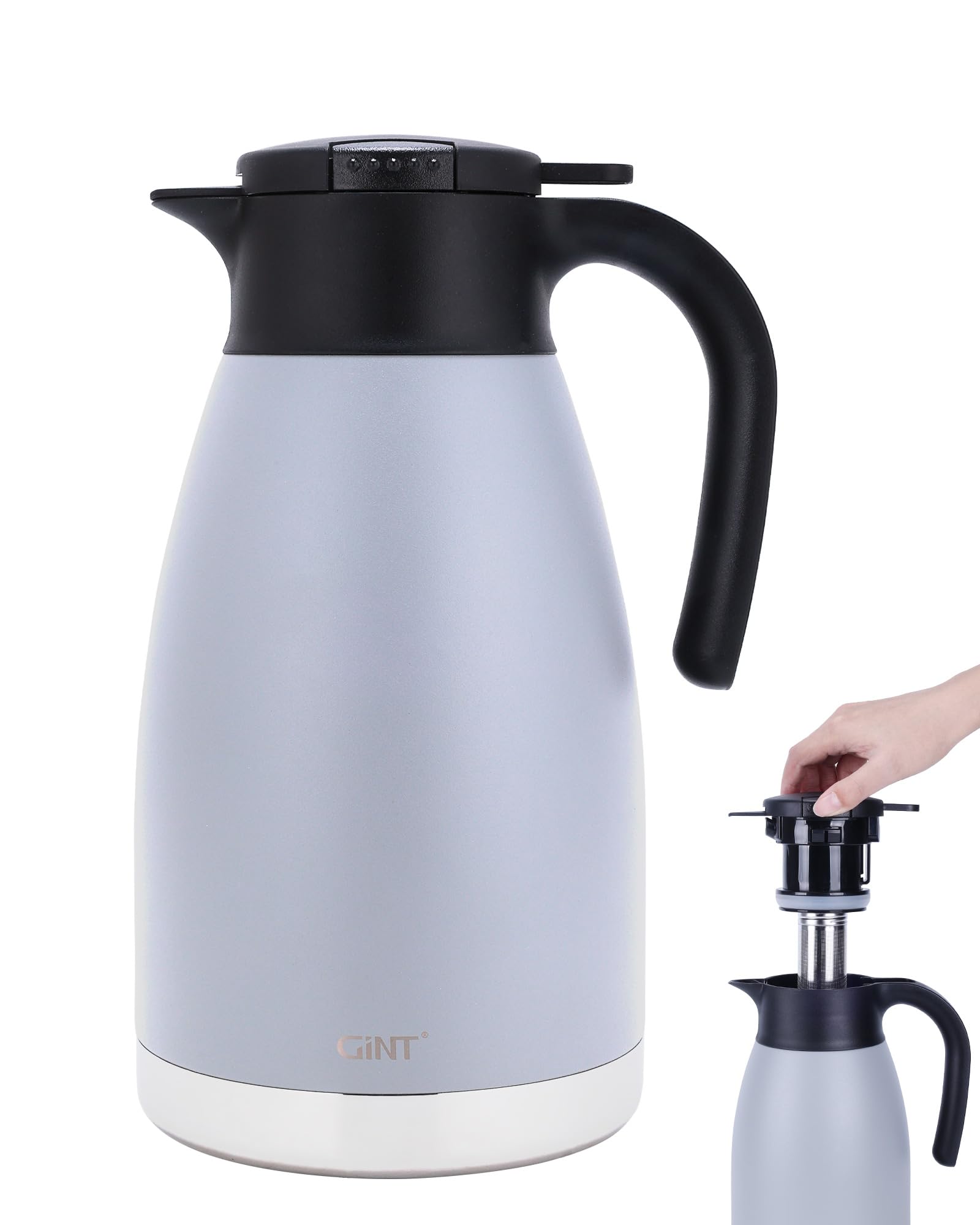GiNT 2.2L / 74Oz Thermal Coffee Carafe, Large Stainless Steel Insulated Coffee Carafes for Keeping Hot/Double Walled Vacuum Beverage Dispenser with Tea Infuser (Gray)