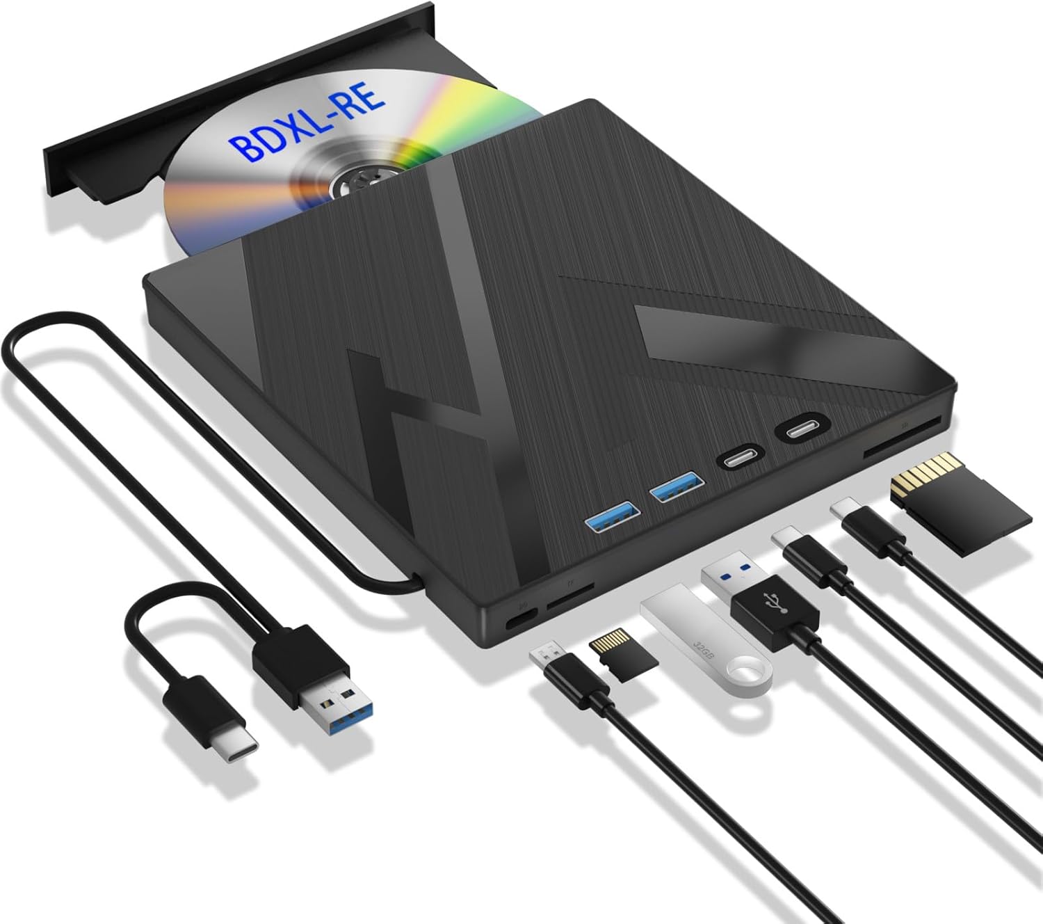 7 in 1 External Blu Ray Drive, External Blueray/DVD Drive for PC with SD/TF Port Blu Ray Burner, Support 100G Disc R/W for PC External Blu Ray Drive for Windows Linux MacOS Laptop Desktop