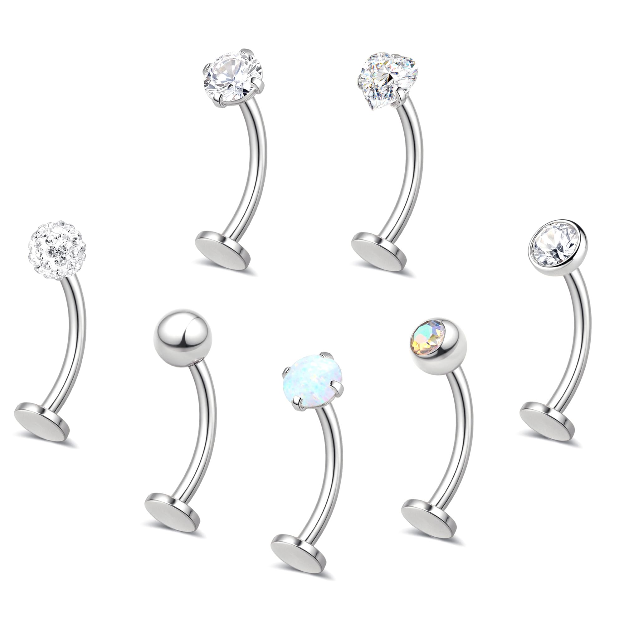 YADOCA 7PCS Floating Belly Button Ring for Women Hypoallergenic Surgical Stainless Steel Belly Rings Internally Threaded CZ Opal Long Bar Navel Barbell Flat Back Belly Piercing 8 10 12 14 16MM Silver Gold