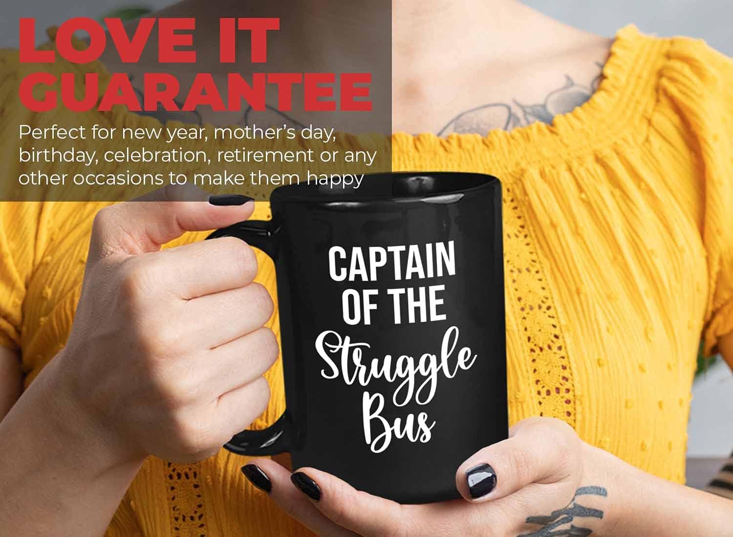 Bubble Hugs Coworker Coffee Mug 15oz Black - Captain Of The Struggle Bus - Sarcastic Quotes for Coworker Office Worker New Job Leaving Workplace Friendship Relationship