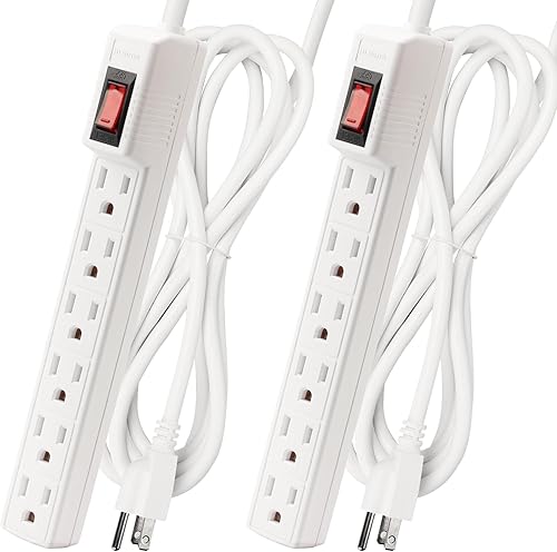 Miniatura 8 de PLUGTUL Paquete de 2 regletas protectoras contra sobretensiones de 4 pies, 6 tomas, 980 julios, enchufe plano, montaje en pared para garaje de