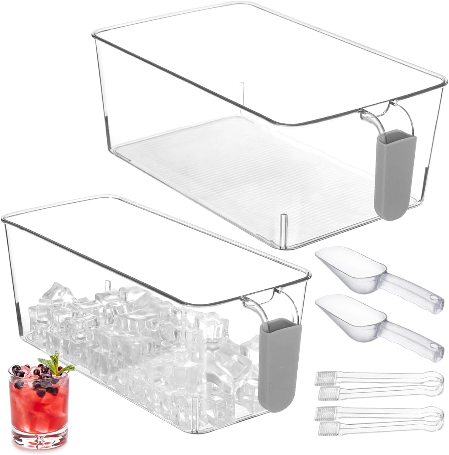Ice Bucket Set for Freezer, 6 Pcs, Clear Plastic Ice Bin, with Scoop and Tong, 2 Sizes Ice Container for DIY Drink Party, Transparent & Handle